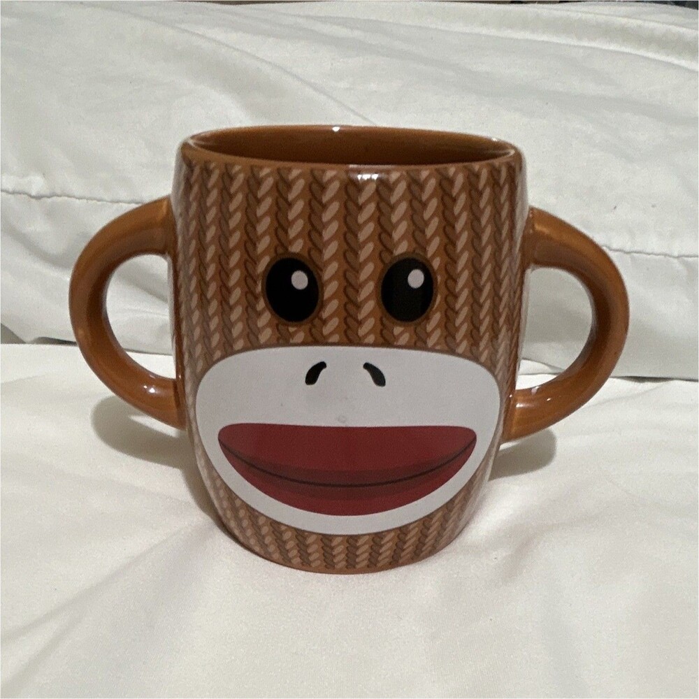 Galerie Sock Monkey Face 2 Handle Ceramic Coffee Mug 10 oz Brown MW/DS Safe